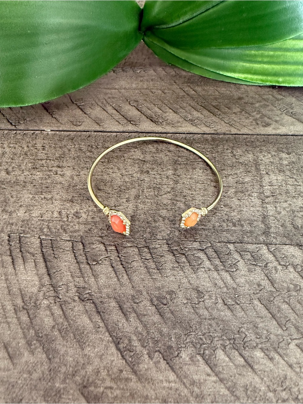 Gold Open Cuff Bracelet with Coral Accent Stones - Women Jewelry